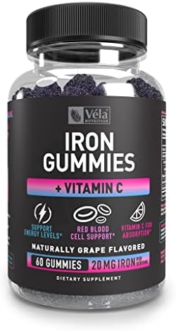 Iron Gummies with Vitamin C | Support Energy Levels, Red Blood Cells, Absorption | 20mg of Iron per Serving | Non-GMO, GMP Certified, 3rd Party Tested | 60 Count Véla