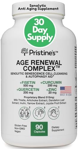 PRISTINE'S Anti-Aging Senolytic Cell Cleansing Age Renewal & Autophagy Aid Supplement - Fisetin, Quercetin, Curcumin, Zinc - 90 Capsules 30 Day Supply - Heart, Skin, & Overall Wellness Support Pristine'S