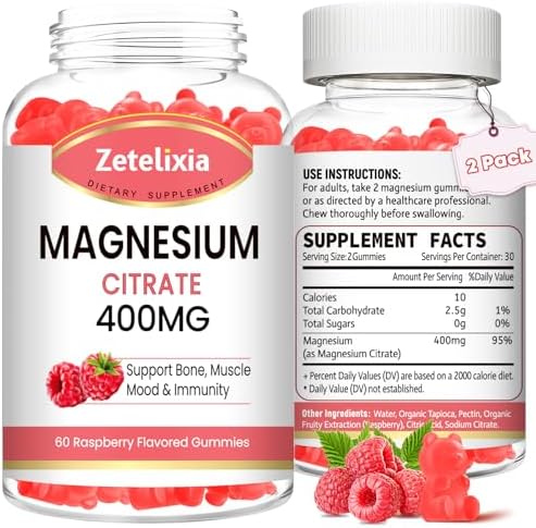 Magnesium Citrate Gummies, High Absorption Magnesium Gummies for Adults, Bone, Muscle and Teeth Support, 120 Natural Raspberry Gummies Zetelixia