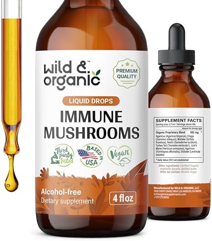 Wild & Organic Immune Mushroom Tincture - 8-in-1 Immune Support with Chaga, Reishi, Turkey Tail, Lion’s Mane, Maitake Extract - Liquid Mushroom Supplement - Vegan, Sugar & Alcohol-Free Drops - 4 oz Wild & Organic