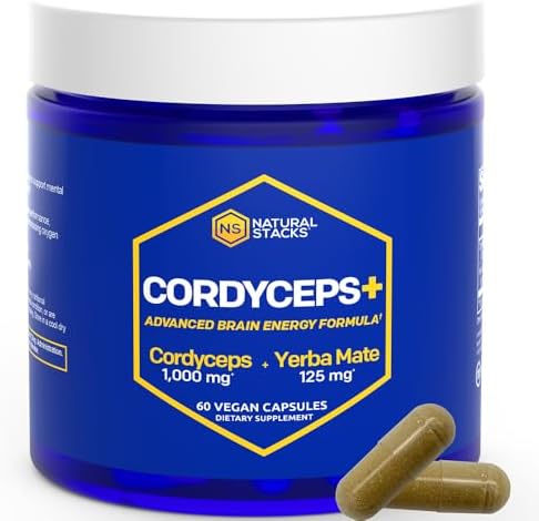 Cordyceps Mushroom Capsules - 1000mg Cordyceps Extract & 125mg Yerba Mate Extract - 100% Fruiting Body Mushroom Supplement - Supports Brain Energy & Cognitive Performance - 60 Yerba Mate Capsules Natural Stacks