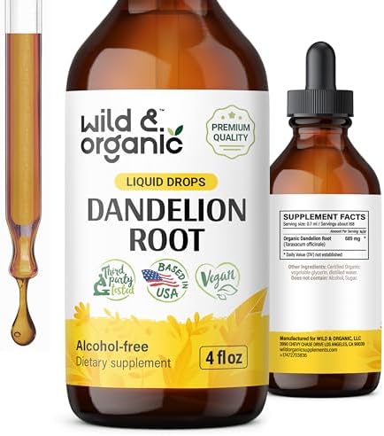 Wild & Organic Dandelion Root Supplement Drops - Liver Cleanse Support - Dandelion Root Tincture for Liver Detox - Vegan, Sugar & Alcohol-Free Liquid Extract - 2 fl oz Wild & Organic