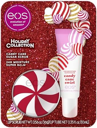 eos Holiday Lip Treatment Gift Set- Candy Cane Swirl Lip Scrub & 24H Moisture Super Balm, Limited-Edition Lip Care, Stocking Stuffers, 2-Pack eos