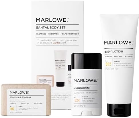 MARLOWE. Men's Grooming Santal Body Set, Features No. 102 Scrub Soap Bar, No. 024 Deodorant & No. 002 Body Lotion, Warm Amber, Sandalwood & Citron Scent Marlowe.