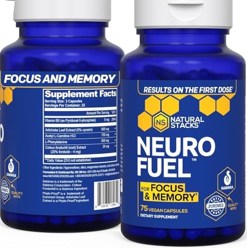 NATURAL STACKS NeuroFuel Nootropic Brain Support Supplement - 750mg L-Carnitine & 500mg L-Phenylalanine - Brain Supplement for Memory and Focus* - 75 Focus Pills Natural Stacks