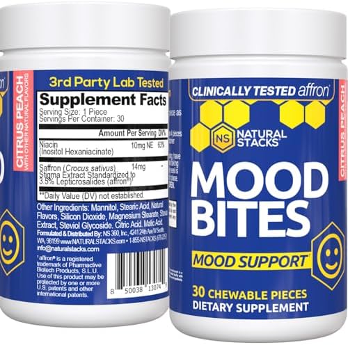 Saffron Supplement with Vitamin B3 - Mood Support Supplement - 14mg Saffron Extract & 62mg Vitamin B3 Niacin - Mood Bites for Stress Relief - Clinically Tested Affron - 30 Citrus Peach Chewables Natural Stacks