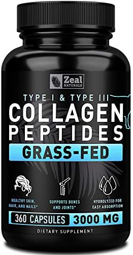 Zeal Naturals Collagen Peptides Collagen Pills (360 Capsules) Grass Fed Collagen Pepetide Powder - Hydrolyzed Collagen Powder for JointTendon SupplementHair Skin and Nails - Zeal Naturals