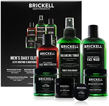 Brickell Men's Daily Elite Face Care Routine II, Toner, Charcoal Facial Wash, Face Scrub, Anti-Aging Night Cream, Eye Cream, Charcoal Mask and Moisturizer, Natural and Organic, Scented Brickell Men's Products