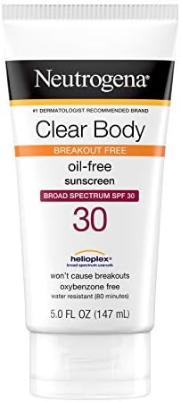 Neutrogena Clear Body Breakout-Free Liquid Sunscreen Lotion for AcneProne Skin, Oil Free Sunscreen, Broad Spectrum SPF 30, Oxybenzone Free, Fragrance Free, Non Comedogenic, Unscented, 5 Fl Oz Neutrogena