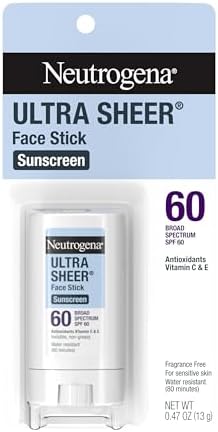 Neutrogena Ultra Sheer SPF 60 Face Sunscreen Stick, Water Resistant Facial Stick with Broad Spectrum SPF 60 Protection for Sensitive Skin, Mini Travel Sunscreen, Oxybenzone-Free, .47 oz Neutrogena