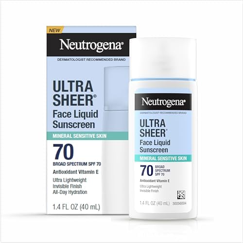 Neutrogena Ultra Sheer Face Liquid Mineral Sunscreen, Lightweight, Broad Spectrum SPF 70 Facial Sunscreen for Sensitive Skin Leaves a Silky, Non-Greasy Finish, Oxybenzone-Free, 1.4 fl. oz Neutrogena