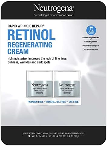 Neutrogena Rapid Wrinkle Repair Retinol Face Moisturizer, Daily Anti-Aging Cream with & Hyaluronic Acid to Fight Fine Lines, Wrinkles, Dark Spots, 1.7 oz (pack of 2) 3.4 Ounce Neutrogena