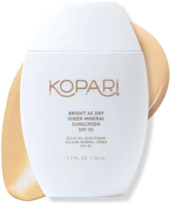 Kopari Bright as Day Sheer Mineral Sunscreen SPF 50, 100% Mineral Facial Sunscreen with Vitamin C & Niacinamide, Sheer Finish, All Skin Tones, 1.7 oz Kopari