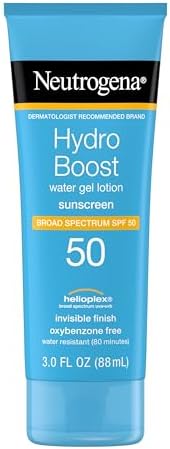 Neutrogena Hydro Boost Moisturizing Water Gel Sunscreen Lotion with Broad Spectrum SPF 50, Water-Resistant & Non-Greasy Hydrating Sunscreen Lotion, Oil-Free, 3 fl. oz Neutrogena