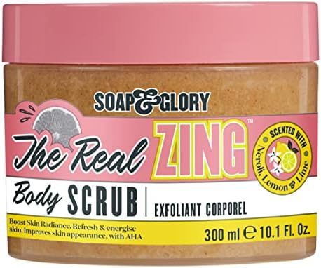 Soap & Glory The Real Zing Body Scrub - Smoothing & Buffing Sugar Scrub - Lemon Citrus Scented Body Polish - Skin Brightening Sea Salt Scrub (300ml) Soap & Glory