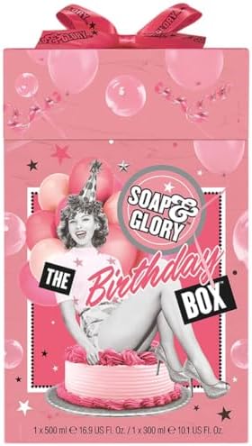 Soap & Glory The Birthday Box - Clean On Me Shower Gel, The Righteous Butter Body Butter with Shea Butter & Shower Puff - Rose & Bergamont Scented Birthday Gift Set - 3 Piece Shower Set Soap & Glory