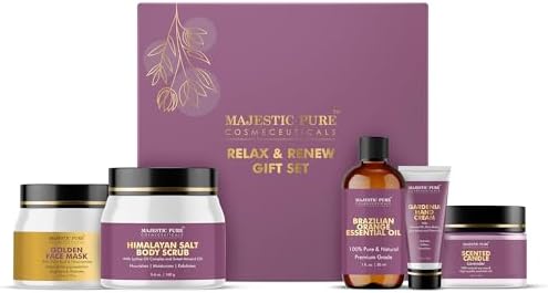 Majestic Pure Gift Set set of 5- (Brazilian Orange oil 1oz, Scented Candle - 50g, Gardenia Hand Cream - 20g, Himalayan Salt Body Scrub - 160g, Gold Face Mask - 100g) Majestic Pure