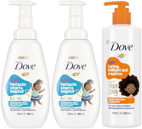 Dove Kids Care Body Wash 2-Pack + Moisturizing Shampoo Bundle - Cotton Candy Foaming Cleanser & Dove Shampoo with Shea Butter for Kids' Curly Hair (3 Piece Set) Dove