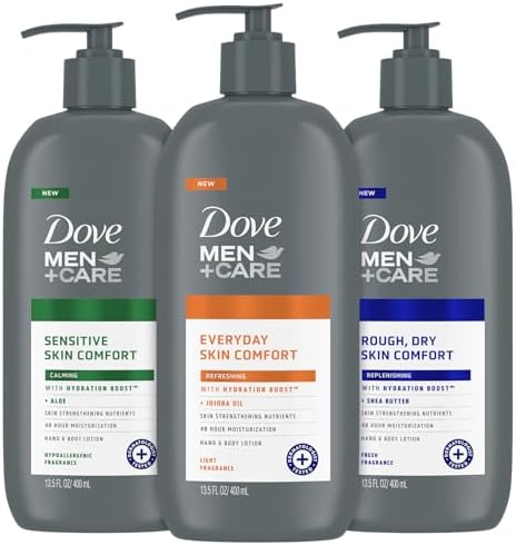 Dove Hand & Body Lotion, Men+Care Variety Pack – Rough Dry Skin Comfort with Shea Butter, Sensitive Skin Comfort with Aloe Vera, Everyday Skin Comfort with Jojoba Oil, 13.5 Oz Ea (3 Piece Set) Dove