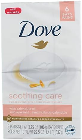 Dove Soothing Care Moisturizing Beauty Bar For Sensitive Skin with Calendula Oil Effectively Washes Away Bacteria, Hydrating and Replenishing Skin Care 3.75 oz 6 Bars Dove