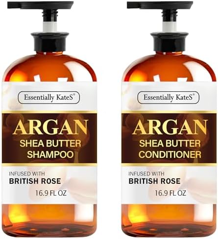 Argan Shea Butter Shampoo and Conditioner Infused with Rose Extract 16 Fl Oz Set, Pack of 2 - Long Lasting Moisturizing Effect - Curly and Wavy Hair Essentially KateS