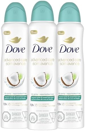 Dove Antiperspirant Deodorant Dry Spray Coconut Water & Lime scent 3ct skin repair after shaving with odor control & sweat protection Pro Ceramide Technology to boost ceramide levels in skin 3.8 oz Dove