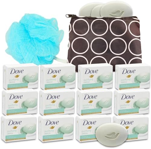 Dove Bar Soap Pack - Dove Bar Soap 12 Pack Bundle with Dove Purifying Detox with Green Clay 3.5 Oz Soap Bars Pack with Bonus Travel Bag and Loofah | Dove Body Wash for Men, Women Dove