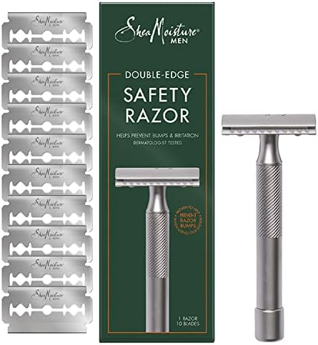 Shea Moisture Men, Double Edge Safety Razor with 10 Refill Double Edge Razor Blades for Men, Platinum Coated, Stainless Steel, Dad Gifts, 1 Razor Handle & 10 Razor Blades per Box SheaMoisture