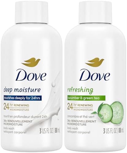 Dove Body Wash Travel Essentials Variety 2-Pack – Refreshing Cucumber & Green Tea + Deep Moisture Nourishing Body Washes, 3 Oz Ea Dove