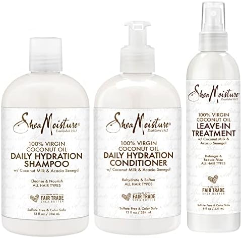 SheaMoisture Shampoo and Conditioner Set, 13 Fl Oz Ea with Leave In Treatment Spray 8 Fl Oz, Daily Hydration 100% Virgin Coconut Oil, Curly Hair Products Bundle, Shea Butter, Coconut Milk SheaMoisture