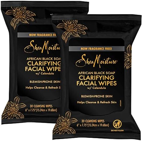 Shea Moisture Makeup Remover Face Wipes, African Black Soap, With Tea Tree Oil & Calendula, Removes Makeup & Dirt to Clarify Oily Blemish Prone Skin, Pack of 2, 30 Wipes Per Pack SheaMoisture