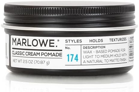 MARLOWE. No. 174 Classic Cream Pomade for Men 2.5 oz, Wax-Based Light to Medium Hold, Natural to Matte Finish, Conditioning Coconut Oil & Shea Butter, Original Pine & Agarwood Scent Marlowe.