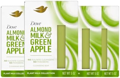 Dove Plant Milk Cleansing Bar Soap Almond Milk & Green Apple 4 count for Moisturized Skin Gentle Cleanser, No Sulfate Cleansers or Parabens, 98% Biodegradable Formula Dove