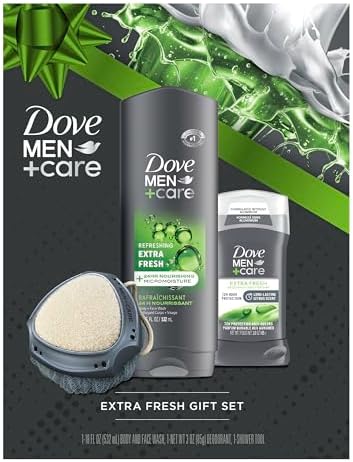 Dove Men+ Care Gift Set – Dove Face + Body Wash, Dove Antiperspirant, Refreshing Extra Fresh Scent, Dove Active Clean Dual-Sided Shower Tool, Christmas Gifts for Men (3 Piece Set) Dove