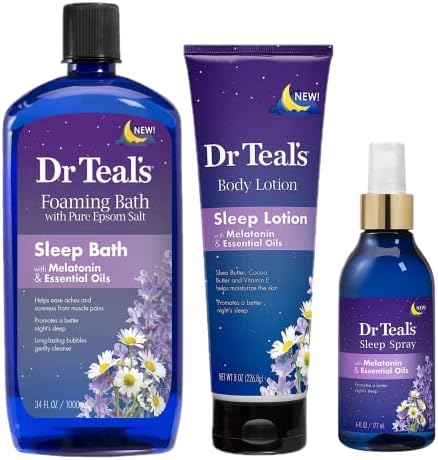 Dr Teals Melatonin Sleep Bath Gift Set (Foaming Bath (34 oz), Body Lotion (8 oz), & Sleep Spray (6oz) - Stress Relief Lavender & Melatonin Promotes Better Sleep - At Home Spa Kit - Relax Before Bed Dr. Teal's