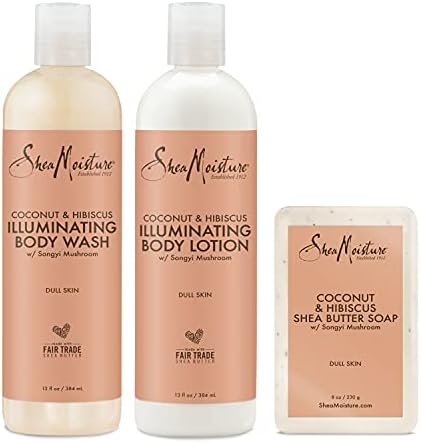 SheaMoisture Bath and Body Kit for Dry Skin Coconut and Hibiscus Illuminating Skin Care, 3 Count SheaMoisture