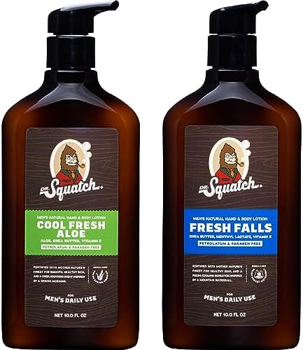 Dr. Squatch Men's Non-Greasy Natural Lotion - 24-hour moisturization hand and body lotion - Made with Shea Butter, Coconut Oil, and Vitamin E - Cool Fresh Aloe, Fresh Falls (2 Pack) Dr. Squatch