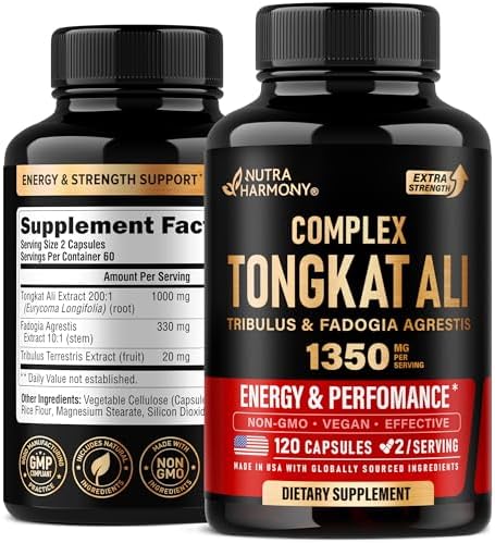 Tongkat Ali Men 1350mg Complex - Fadogia Agrestis | Tribulus Terrestris - Energy, Strength & Performance Support - Extra Strength 200:1 Extract - 3rd Party Tested, Made in USA - 120 Capsules / 2 Month Nutraharmony