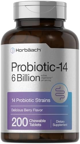 Horbäach Probiotics 6 Billion CFUs | 200 Chewable Tablets | Berry Flavor | 14 Probiotic Strains | Vegetarian, Non-GMO & Gluten Free Supplement for Men & Women Horbäach