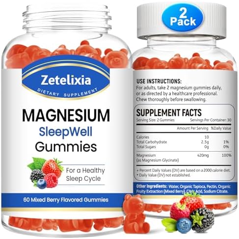 Magnesium Glycinate Gummies, High Absorption Magnesium Supplement for Adults Kids, Relaxation, Brain, Muscle & Bone Support, Melatonin Free, Sugar Free, Mixed Berry Flavor, 60 Cts Zetelixia