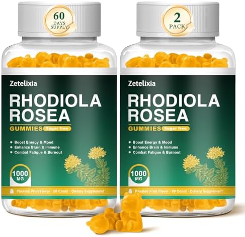 Organic Rhodiola Rosea Gummies 1000mg, Rhodiola Rosea Supplement for Women & Men, Sugar-Free, Non-GMO, Vegan, 60 Count Zetelixia