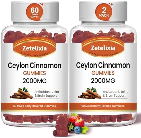 2 Pack Ceylon Cinnamon Gummies 2000mg, Sugar Free Cinnamon Supplement with Chromium & Cinnamon Bark, Support Joint, Immune System, Brain, Bone Health, Vegan, Non-GMO, Gluten-Free, 120 Ct Zetelixia