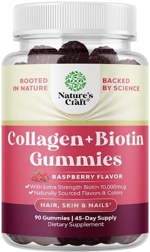 Hair Skin and Nails Gummies for Women - Extra Strength Biotin and Collagen Gummies for Women Hair Skin Nails Support - Non-GMO Kosher Marine Collagen Biotin 10000mcg per serving (45 Days) Natures Craft