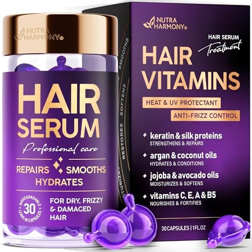 Repairing Hair Oil Capsules for Frizzy, Damaged & Dry Hair - Keratin Treatment w/ Silk Protein, Argan, Jojoba & Coconut Oils - Hair Vitamins A, E, B5 - Leave-in Anti-Frizz Serum for Women - 30 Count Nutraharmony