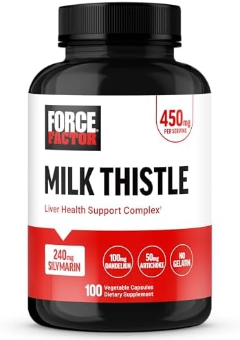 FORCE FACTOR Milk Thistle Liver Support Formula with Dandelion Root and Artichoke, 300mg Silymarin Milk Thistle Supplement for Liver Health and Liver Detox, 100 Vegetable Capsules Force Factor