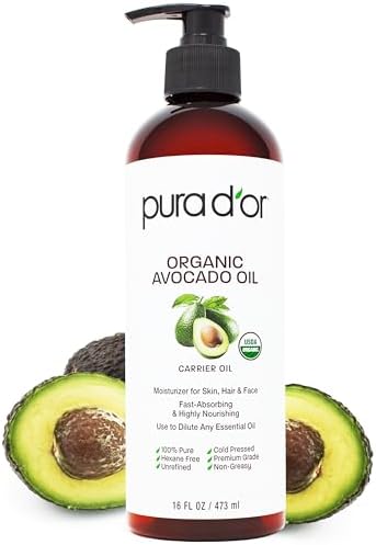 PURA D'OR 16 Oz ORGANIC Avocado Oil - 100% Pure & Natural USDA Certified Cold Pressed Carrier Oil For DIY Beauty, Non-Greasy, Unscented, Hexane Free Liquid Moisturizer - Face Skin & Hair - Men & Women Pura D'Or