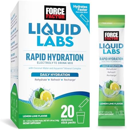 FORCE FACTOR Liquid Labs Electrolytes Powder Packets—Lemon Lime—Hydration Packets to Make Electrolyte Water with 5 Essential Electrolytes, Vitamins, Minerals, and Antioxidants, 20 Stick Packs Force Factor