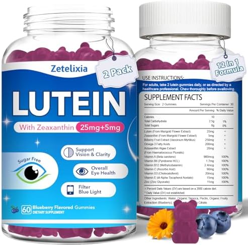 Lutein Gummies, 12 in 1 Lutein and Zeaxanthin Supplements Eye Vitamins Gummies, Eye Health Supplement for Adults, Lutein Gummies with Multiple Vitamin for Promoting Eye & Vision - 60 Gummies Zetelixia