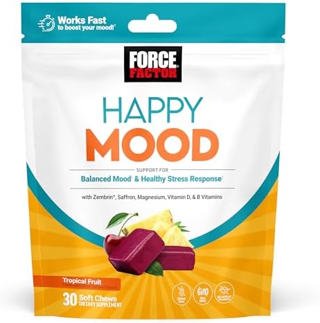 FORCE FACTOR Happy Mood, Mood Support and Mood Balance Supplement to Support Happiness, Positivity, and Stress, Made with Magnesium, Saffron, Zembrin, Non-GMO, Tropical Fruit Flavor, 30 Soft Chews Force Factor