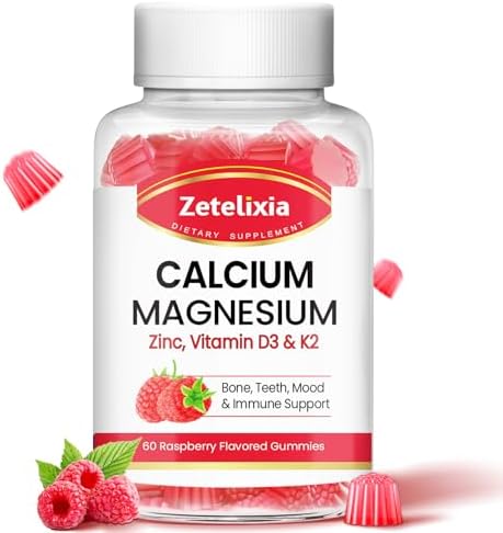 Calcium Gummies for Women Men, Calcium Magnesium Zinc with Vitamin D3 & K2, Calcium Magnesium Supplement for Bones Muscles and Joints, Elderberry Flavor - 60 Count Zetelixia